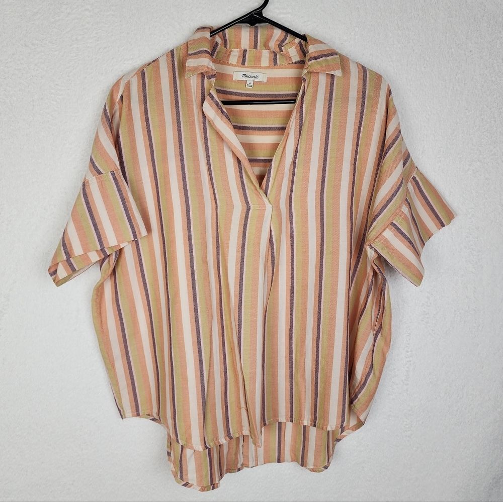MADEWELL Cotton Neutral Striped Courier Button Back Top M